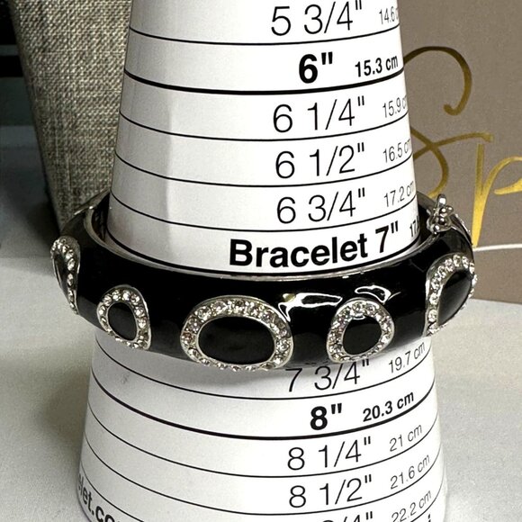 Black Enamel & Rhinestone Oval Design Bangle Bracelet By Lia Sophia Silver-tone - Picture 4 of 6